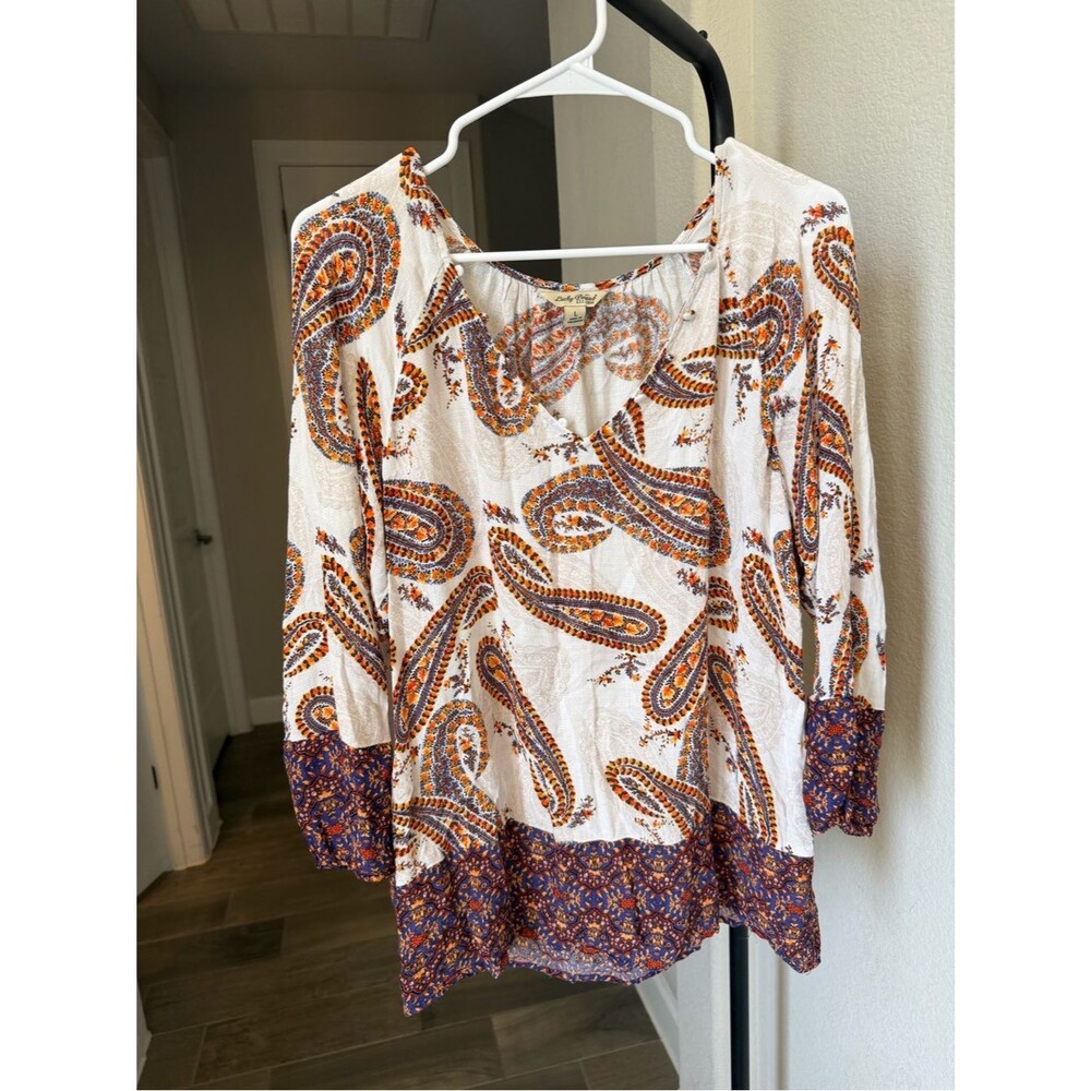 Lucky Brand Cream Paisley V-Neck Tunic with Rust and Navy Accents L